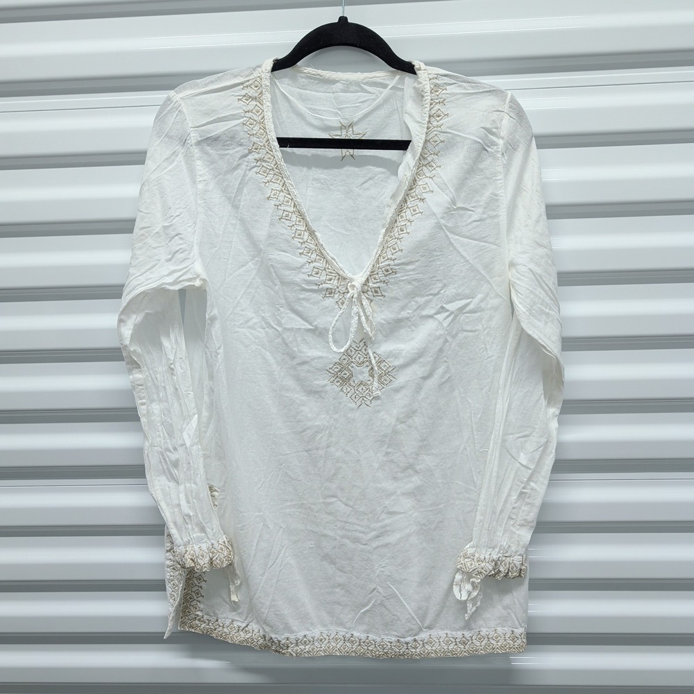 Unbranded White Embroidered Tunic Top Size L Womens Boho V-Neck Tie Front Blouse